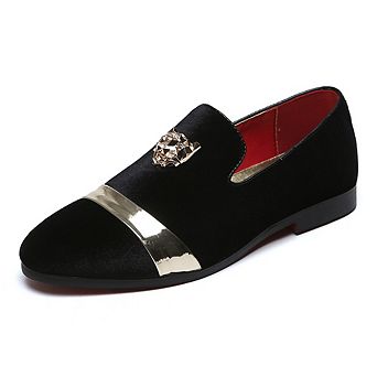 Men's Slip-On Dress Loafers with Metal Toe Cap and Lion Ornament