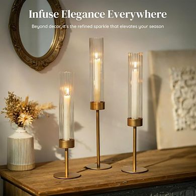 Great Ambitions Gold Hurricane Candle Holders, 3-Piece Set with Ribbed Glass Covers