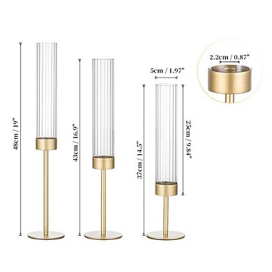 Great Ambitions Gold Hurricane Candle Holders, 3-Piece Set with Ribbed Glass Covers