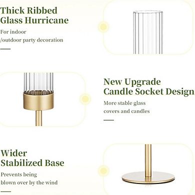 Great Ambitions Gold Hurricane Candle Holders, 3-Piece Set with Ribbed Glass Covers