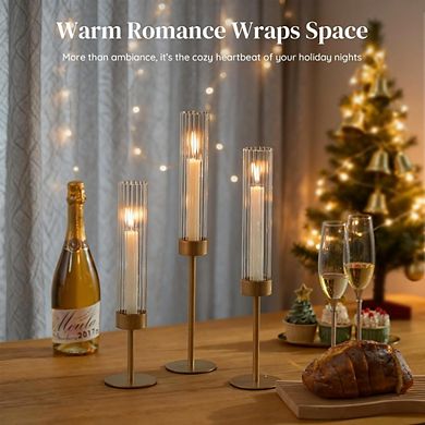Great Ambitions Gold Hurricane Candle Holders, 3-Piece Set with Ribbed Glass Covers