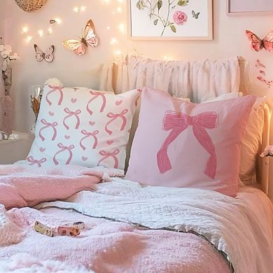 Pink Bow Decorative Throw Pillow Covers Set of Four Cute Coquette Style