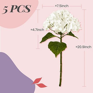 Great Ambitions 5-Pack White 21" Artificial Hydrangea Stems, Latex Real Touch Flowers