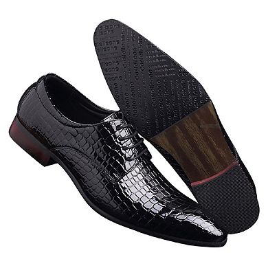 Men's Crocodile Embossed Patent Dress Oxfords Pointed Toe Lace-Up Formal Shoes
