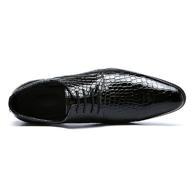 Men's Crocodile Embossed Patent Dress Oxfords Pointed Toe Lace-Up Formal Shoes