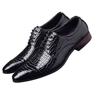 Men's Crocodile Embossed Patent Dress Oxfords Pointed Toe Lace-Up Formal Shoes