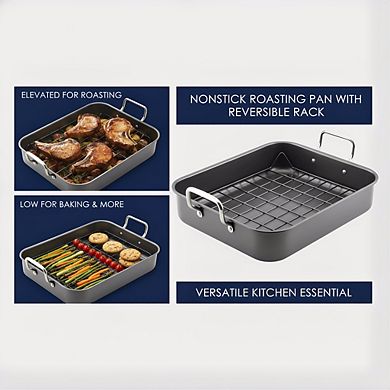 Gray Nonstick Steel Roaster 16.5x13.5 Inch with Reversible Rack