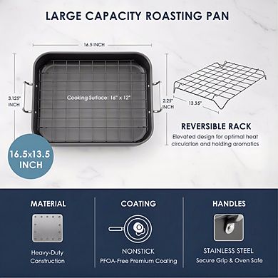 Gray Nonstick Steel Roaster 16.5x13.5 Inch with Reversible Rack