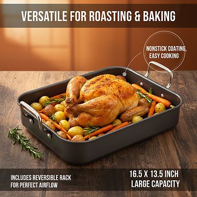 Gray Nonstick Steel Roaster 16.5x13.5 Inch with Reversible Rack