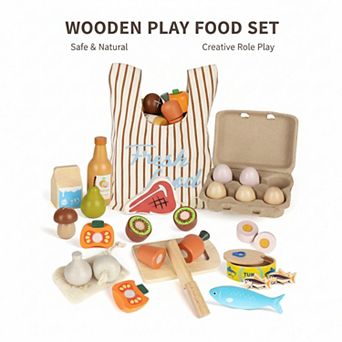 Wooden Play Food Set with Cutting Fruits & Vegetables for Kitchen Pretend Play