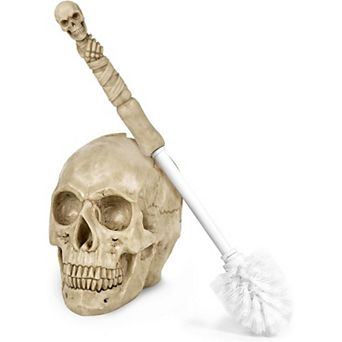 Resin Skull Toilet Brush & Holder: Detailed Gothic Decor for Halloween