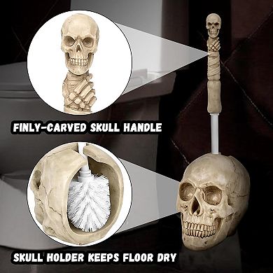 Resin Skull Toilet Brush & Holder: Detailed Gothic Decor for Halloween