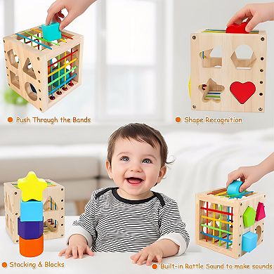 Wooden Montessori Sorter Cube with 8 Rattling Shapes Gift