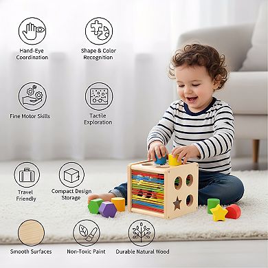 Wooden Montessori Sorter Cube with 8 Rattling Shapes Gift