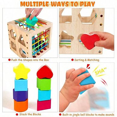 Wooden Montessori Sorter Cube with 8 Rattling Shapes Gift
