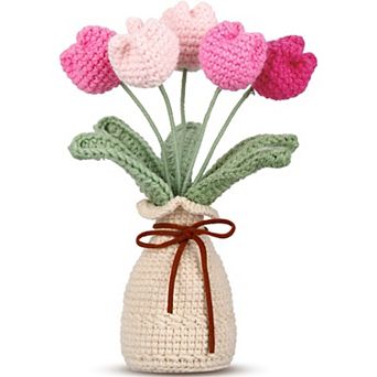 Crochet Knitting Tulip Bouquet with Vase 7" Knitted Artificial Forever Tulip Handmade Woven Flower