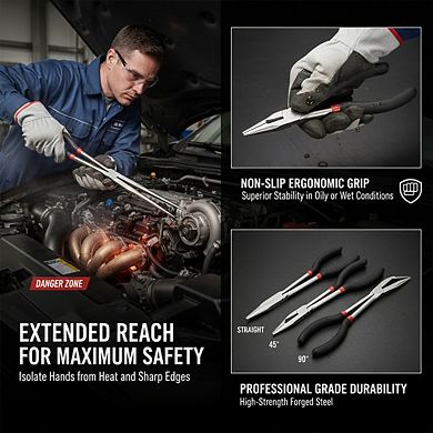 Long Reach Needle Nose Pliers Set of 3, Black for Tight Spaces Versatile