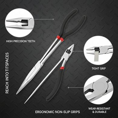 Long Reach Needle Nose Pliers Set of 3, Black for Tight Spaces Versatile