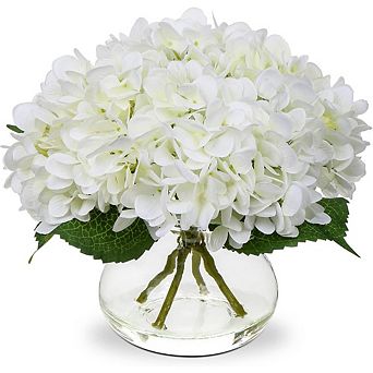 Hydrangea Artificial Flowers with Vase Silk Fake Flowers Arrangements in Glass Vase with Faux Water