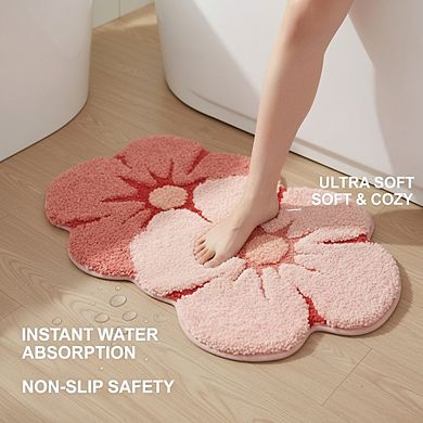 Pink Floral Bath Mat 20x32, Soft Plush Non-Slip Absorbent for Bathroom