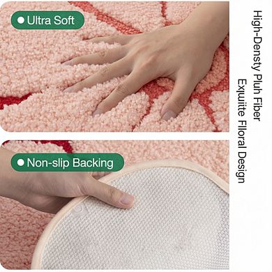 Pink Floral Bath Mat 20x32, Soft Plush Non-Slip Absorbent for Bathroom
