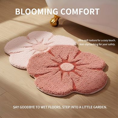 Pink Floral Bath Mat 20x32, Soft Plush Non-Slip Absorbent for Bathroom