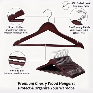 Cherry Wood Suit Hangers 20-Pack, Durable Non-Slip for Clothes Storage