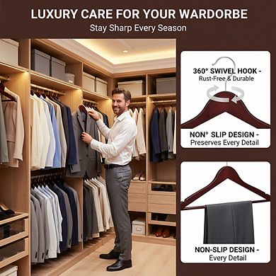 Cherry Wood Suit Hangers 20-Pack, Durable Non-Slip for Clothes Storage