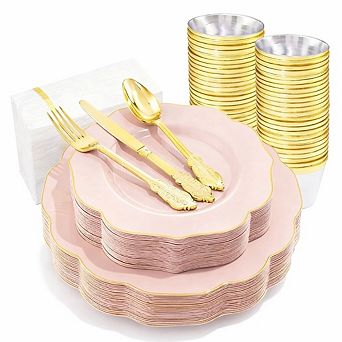 Pink Disposable Party Dinnerware Set with Plates Cups Napkins and Gold Cutlery