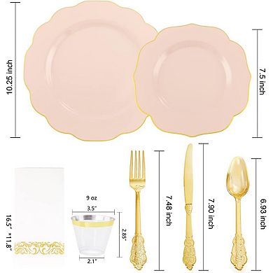 Pink Disposable Party Dinnerware Set with Plates Cups Napkins and Gold Cutlery