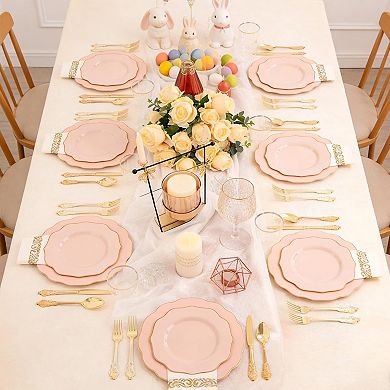 Pink Disposable Party Dinnerware Set with Plates Cups Napkins and Gold Cutlery