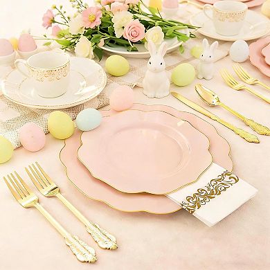 Pink Disposable Party Dinnerware Set with Plates Cups Napkins and Gold Cutlery