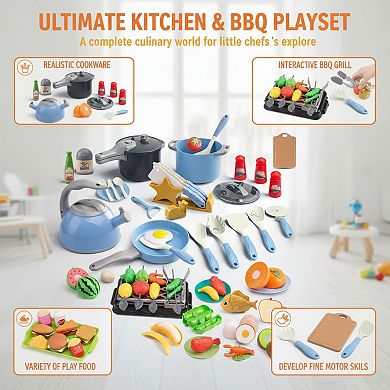 105Pcs Pretend Play Kitchen Set with BBQ Camping Toys Learning Gift