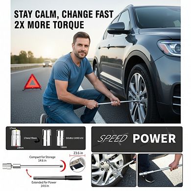 23" 4-Way Tire Iron Wrench Set with Storage Bag, Universal Heavy Duty Lug Nut Removal Tool 17-23mm