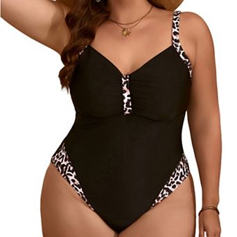 Plus Size Women's Leopard Patchwork One Piece Swimsuit V Neck Ruched Bathing Suit