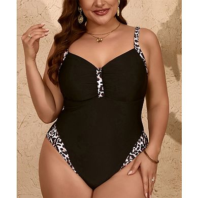 Plus Size Women's Leopard Patchwork One Piece Swimsuit V Neck Ruched Bathing Suit
