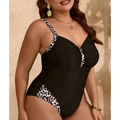 Plus Size Women's Leopard Patchwork One Piece Swimsuit V Neck Ruched Bathing Suit