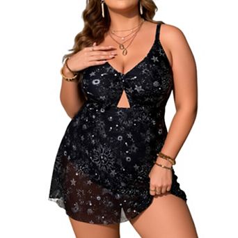 Plus Size Women's Celestial Print Two-Piece Swim Dress with V Neck Swimsuit