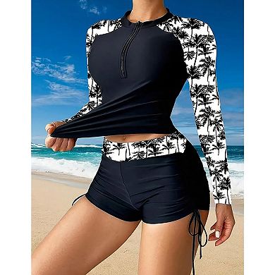 Long Sleeve Palm Tree Print Rash Guard Swimsuit Modest Two Piece Bathing Suit for Women