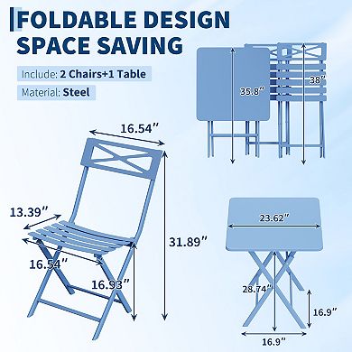Folding 3-Piece Patio Bistro Set, Portable Outdoor Table Chair Set for Balcony, Yard & Garden