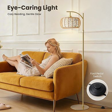 Moooni 70" Gold Floor Lamp with Handwoven Rattan Shade, Adjustable Boho Standing Lamp