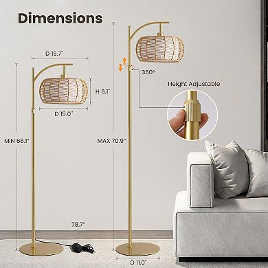 Moooni 70" Gold Floor Lamp with Handwoven Rattan Shade, Adjustable Boho Standing Lamp