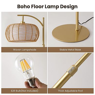 Moooni 70" Gold Floor Lamp with Handwoven Rattan Shade, Adjustable Boho Standing Lamp