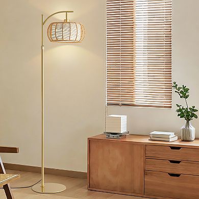 Moooni 70" Gold Floor Lamp with Handwoven Rattan Shade, Adjustable Boho Standing Lamp