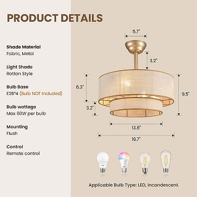 Moooni 20" Boho Ceiling Fan with Lights, Fabric Caged Flush Mount Fandelier, Remote Control, 6-Speed