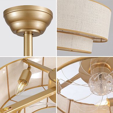 Moooni 20" Boho Ceiling Fan with Lights, Fabric Caged Flush Mount Fandelier, Remote Control, 6-Speed