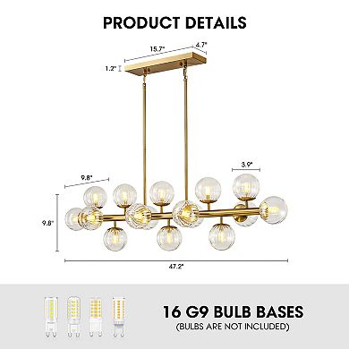 Moooni 16 Lights Gold Rectangle Chandelier with Clear Glass Globes