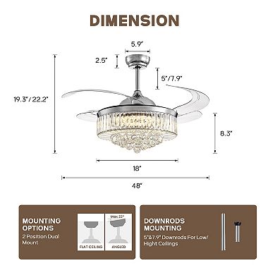 Moooni 48'' Smart Retractable Chrome Crystal Ceiling Fan with Integrated LED