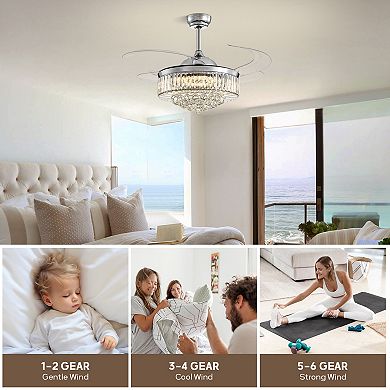 Moooni 48'' Smart Retractable Chrome Crystal Ceiling Fan with Integrated LED