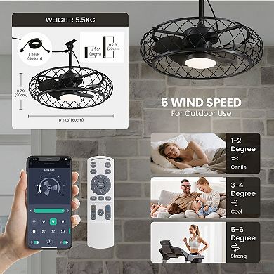 Moooni 24'' Smart Outdoor Black Cage Plug-in Ceiling Fan with Dimmable LED